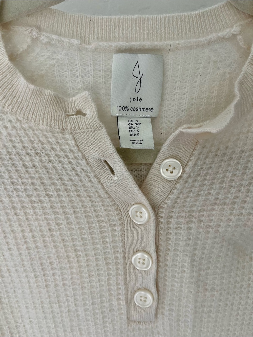 Joie 100% cashmere Ivory Waffle-Knit Henley Sweater - Picture 2 of 6